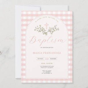 Convite Gingham Wildflower Christening Rosa
