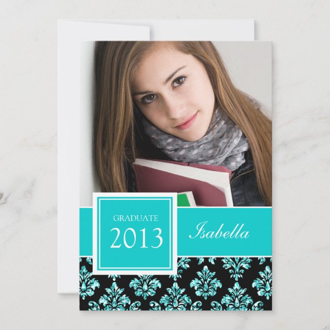 CONVITE GIRA TEAL GLITTER DAMASK FORMANDO FOTO (Frente)