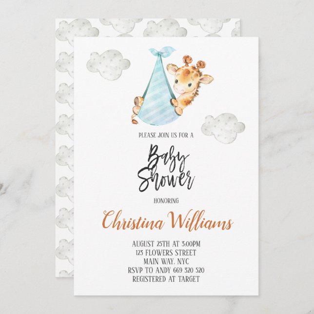 Convite Girafa Chá de fraldas Neutra Cubo Mínimo (Frente/Verso)