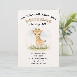 Convite Girafa de Safari em Aquarela Fofa Aniversário de C