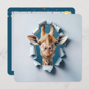 Convite Girafa de segundo aniversário num buraco de papel