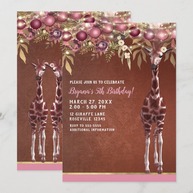 Convite Girafa Floral Rosa e Festa de aniversário Dourada (Frente/Verso)