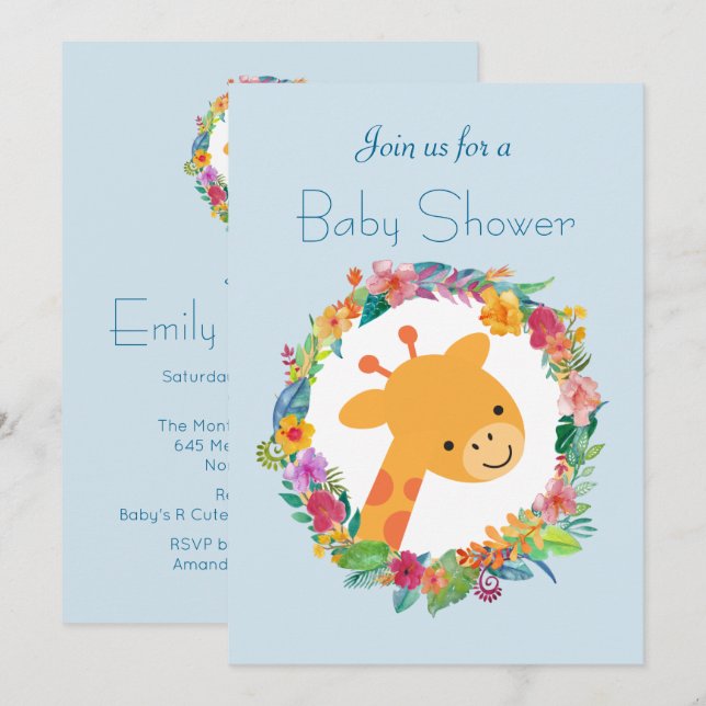 Convite Girafa Fofa com Coroa Floral para Chá de Bebê (Frente/Verso)