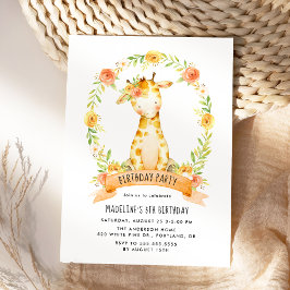 Convite Girafa Fofa Laranja Floral Aquarela Aniversário