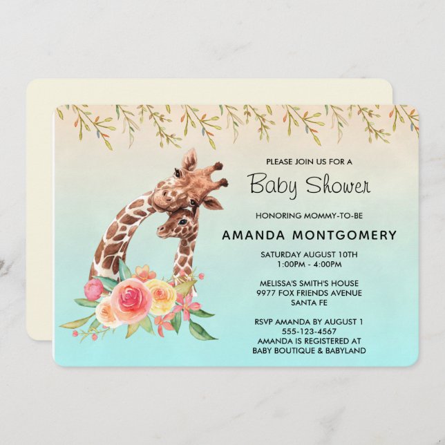 Convite Girafa Gira-Cana Aquarela Mãe e Chá de fraldas Beb (Frente/Verso)