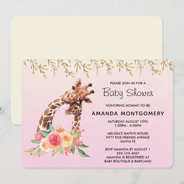 Convite Girafa Gira-Cana Aquarela Mãe e Chá de fraldas Beb (Frente/Verso)