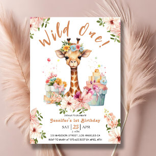 Convite Girafa Meninas Aniversário de 1 ano Safari Rosa