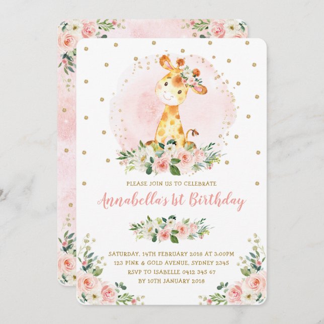 Convite Girafa Menininha Blush Dourado primeiro aniversari (Frente/Verso)