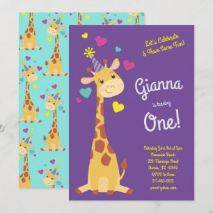Convite Girafa, primeiro aniversario De Meninos Bonitos