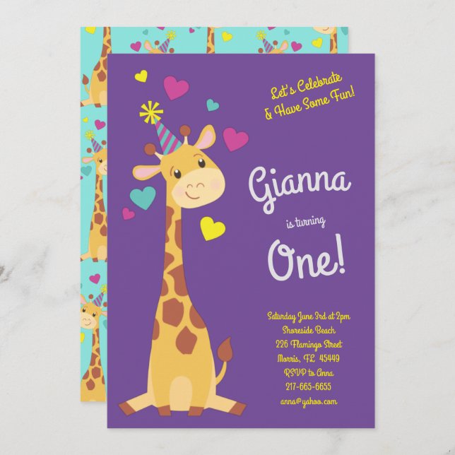 Convite Girafa, primeiro aniversario De Meninos Bonitos (Frente/Verso)
