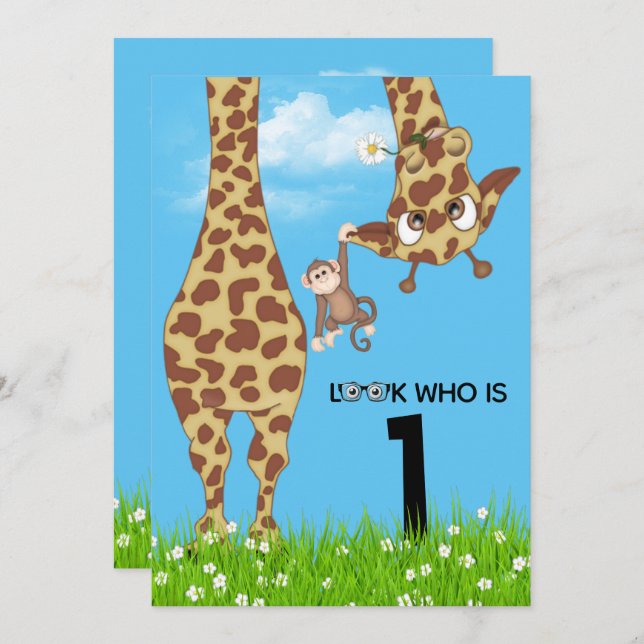 Convite Girafa primeiro aniversario na grama (Frente/Verso)