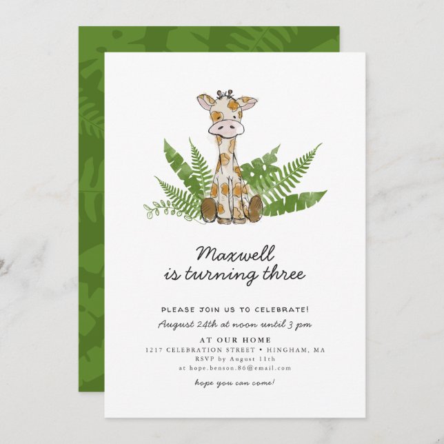 Convite Girafa Safari Cute com Folhas da Selva Aniversário (Frente/Verso)