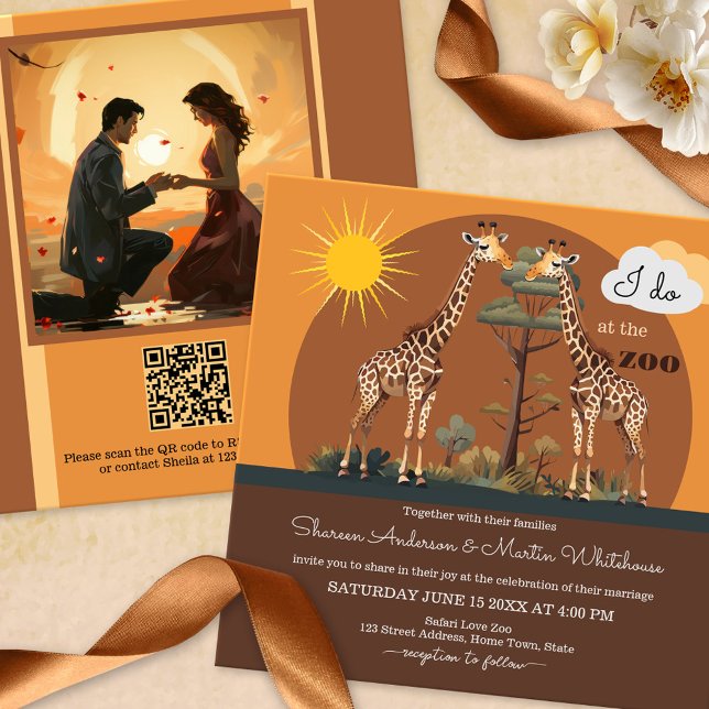 Convite Girafa Safari Zoo Casamento All-in-One (Cute and whimsical wedding invitation with a zoo or safari theme featuring two giraffes in Africa)