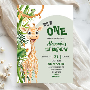 Convite Girafa Verde Festa de Um Aniversário Safari Selvag