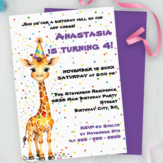 Convite Girafa Whimsical com Confetti Aniversário Colorido (Criador carregado)