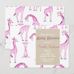 Convite Girafas Rosa & Safari Kraft Baby Shower Caprichoso
