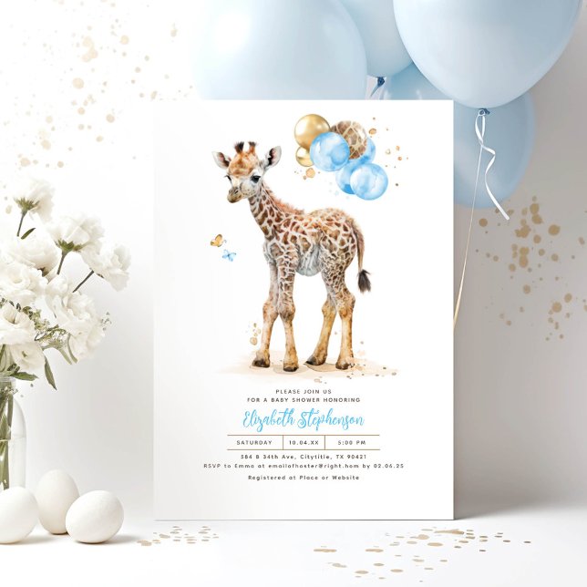 Convite Giraffe Baby Brown e Blue Chá de fraldas (Giraffe Boy Baby Shower Invitations)