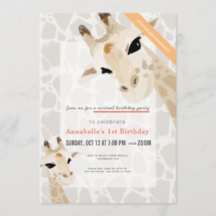 Convite Giraffe Greige Watercolor Kids Virtual Birday