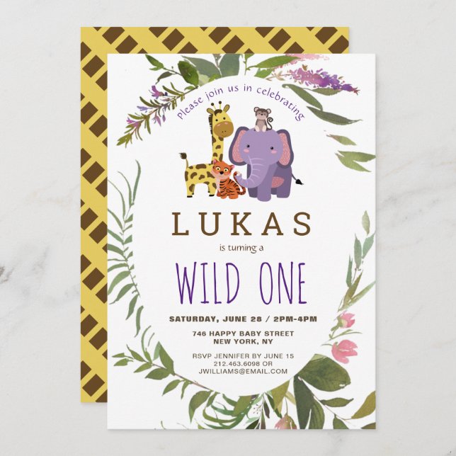 Convite Giraffe Jungle Safari primeiro aniversario (Frente/Verso)