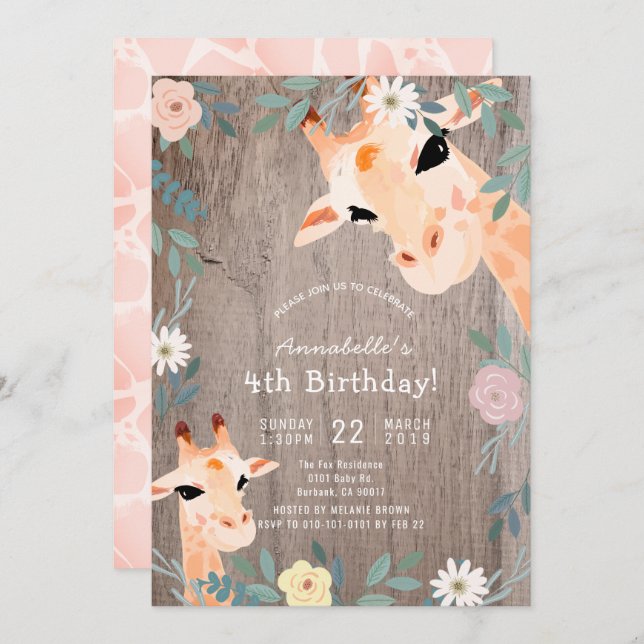 Convite Giraffe Rustic Wood Pink Floral Birday (Frente/Verso)