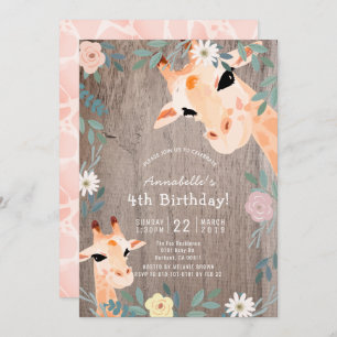 Convite Giraffe Rustic Wood Pink Floral Birday