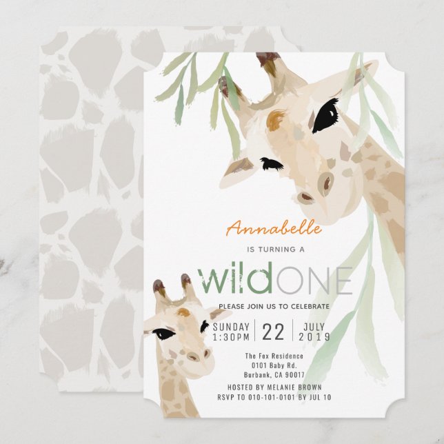 Convite Giraffe Wild One Watercolor primeiro aniversario (Frente/Verso)