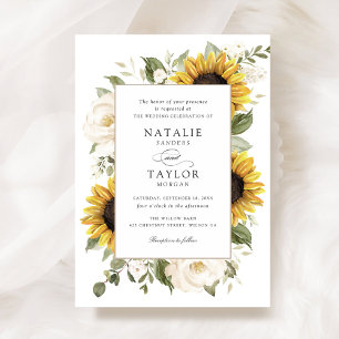 Convite Girasóis Flores Brancas Verdura Moldura Casamento