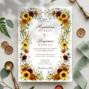 Convite Girasóis Rosas Borgonha Ferrugem Casamento Floral