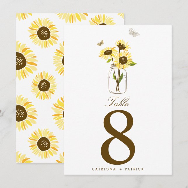Convite Girasóis Rústicos em Números de Mesa com Jarra de  (Frente/Verso)