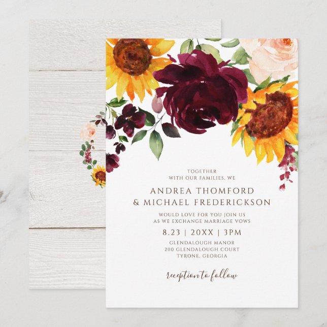 Convite Girasol e Rosas Casamento Outono Vermelho Borgonha (Frente/Verso)