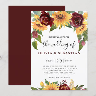 Convite Girasol e Rosas Verdejante Vermelho Borgonha Casam