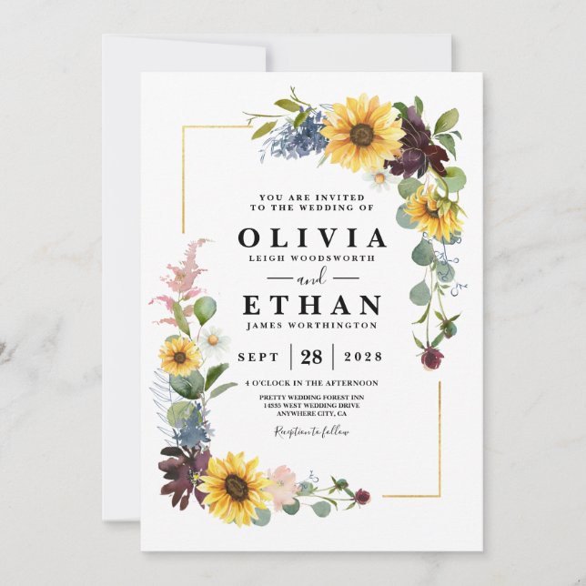 Convite Girasol Rosas Borgonha Azuis Rústicas (Frente)