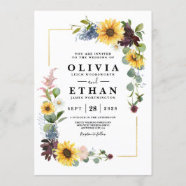 Convite Girasol Rosas Borgonha Azul Rústico