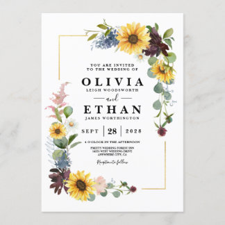 Convite Girasol Rosas Borgonha Azul Rústico