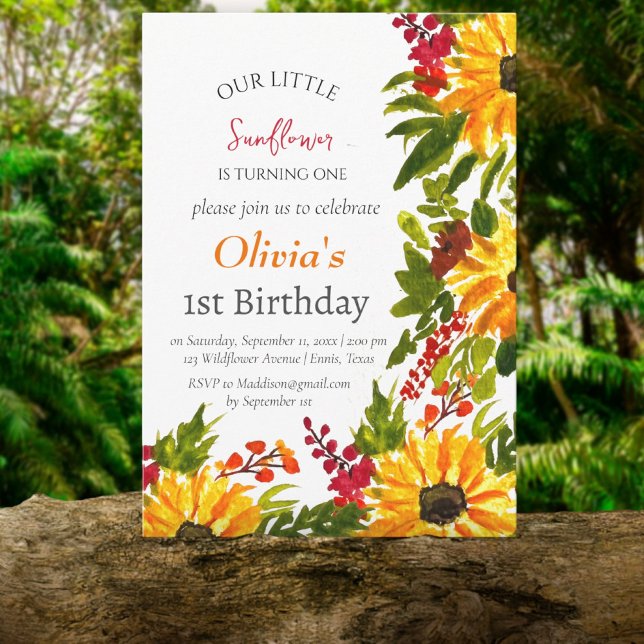 Convite Girassóis 1rua Primeiro Aniversário Rapariga Flora (Criador carregado)