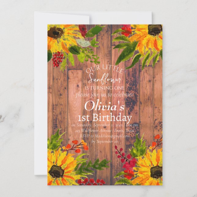 Convite Girassóis 1rua Primeiro Aniversário Rapariga Flora (Frente)