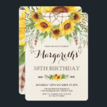 Convite Girassóis 50ª Festa de aniversário Penas de Boho<br><div class="desc">Belo convite inspirado em vassoura,  que inclui girassóis,  penas e folhas verdes rústicas,  apetrechados a uma caçadora de sonhos</div>