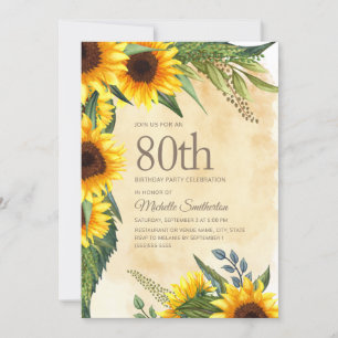 Convite Girassóis Amarelos Rústicos 80º Aniversário