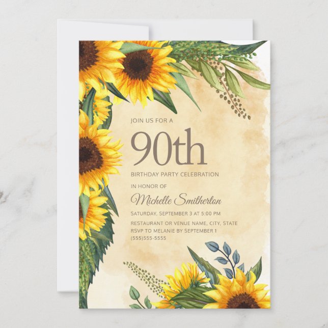 Convite Girassóis Amarelos Rústicos 90º Aniversário (Frente)
