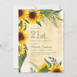 Convite Girassóis Amarelos Rústicos Aniversário de 21 anos