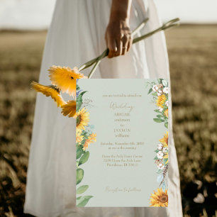 Convite Girassóis Aquarela Texto Dourado Casamento Sage