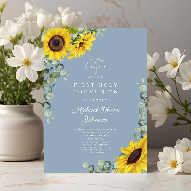 Convite Girassóis Azuis Modernos Primeira Comunhão  (Modern Blue Sunflowers First Holy Communion Invitation)