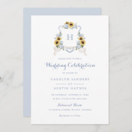 Convite Girassóis Blue Hydrangea Crest Monograma Casamento