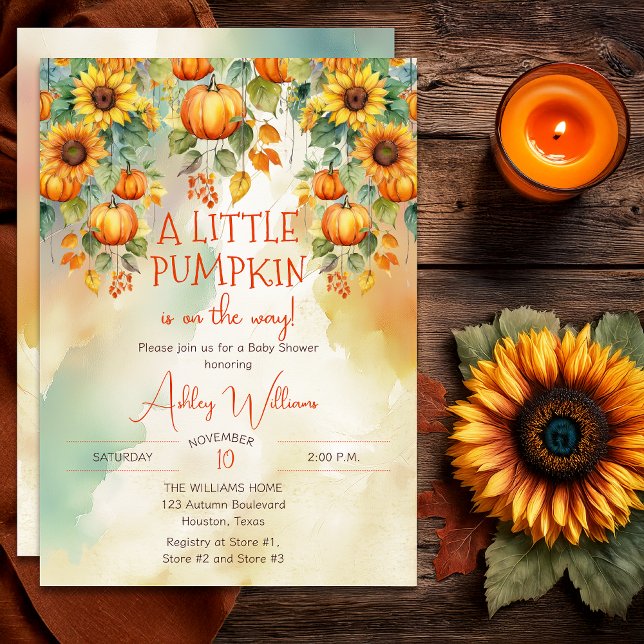 Convite Girassóis Caem Um Pequeno Chá de fraldas De Abóbor ("A Little Pumpkin Is On The Way!" Fall | Autumn Sunflowers and Pumpkins Baby Shower Invitation )