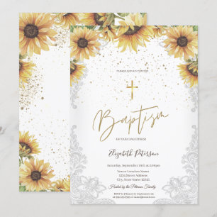 Convite Girassóis Cruz Dourada Elegante Renda Branca Batis