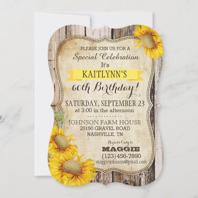 Convite Girassóis do país e aniversário de madeira rústico (Frente)
