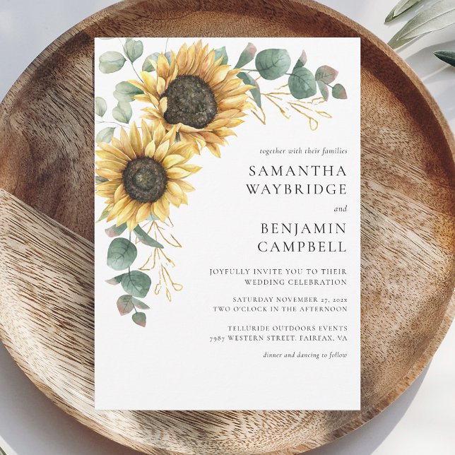 Convite Girassóis e Eucalyptus Rustic Wedding (Sunflower Eucalyptus Floral Wedding Invitation)