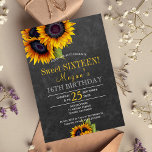 Convite Girassóis e girassóis bragos sórdidos<br><div class="desc">Floral elegante outono doce 16/16 convite de aniversário no modelo escuro cinza com buquês de girassóis de ouro amarelo. Preencha suas informações nos pontos, Você pode optar por personalizá-las mudando ainda mais as fontes e as cores das letras. — O convite é adequado para o final do verão | outono,...</div>