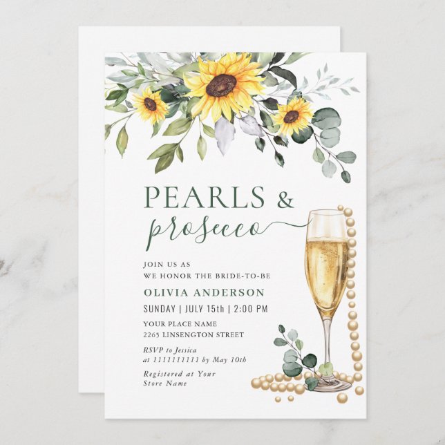 Convite Girassóis Elegantes Eucalyptus PEARLS & Prosecco (Frente/Verso)