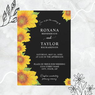 Convite Girassóis Elegantes Fundo Preto Floral Casamento